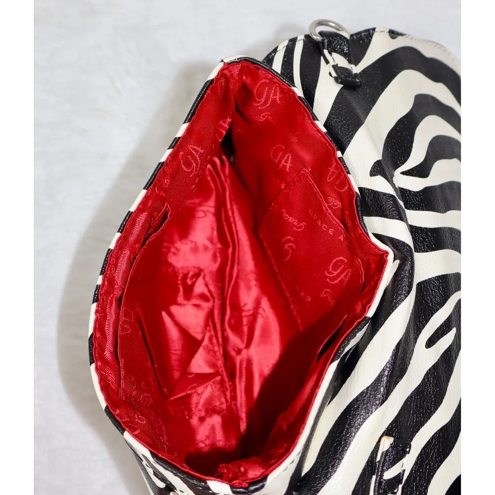 Grace Adele Zebra Print Clutch Bag Black White Faux Leather Red Lining Snap Flap